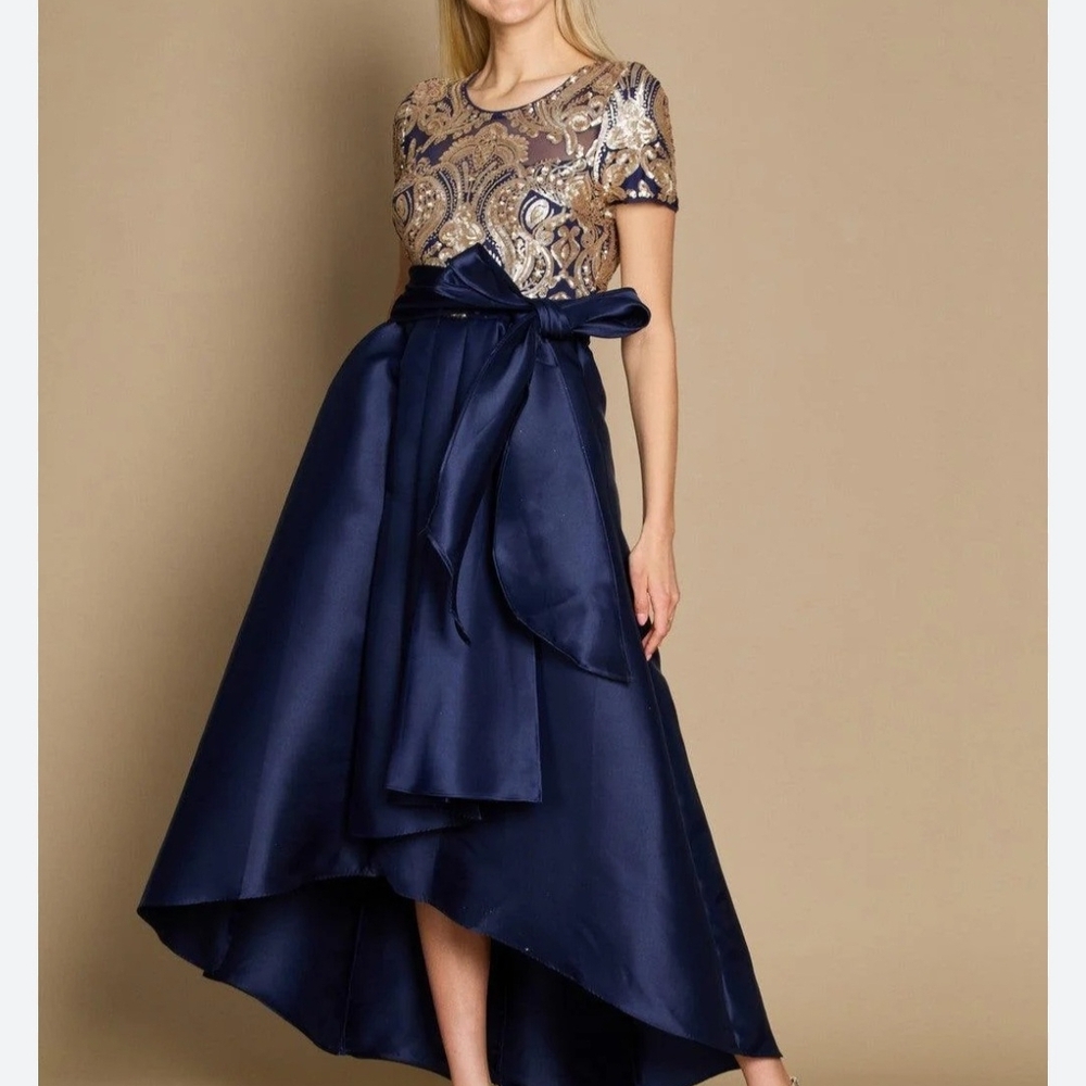 R&M Richards Navy and Gold High-Low Dress